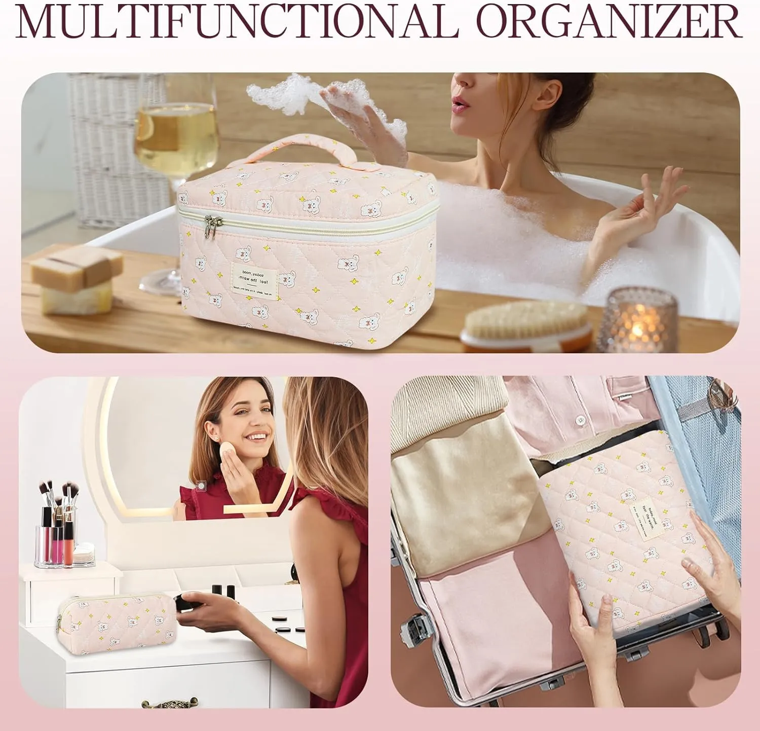 3Pcs Travel Makeup Bag Organizer, Toiletry Bag for Women, Cosmetic Bags for Women Travel Set, Cute Makeup Bags, Quilted Cosmetic Bag, Women's Quilted Toiletry Bag Storage