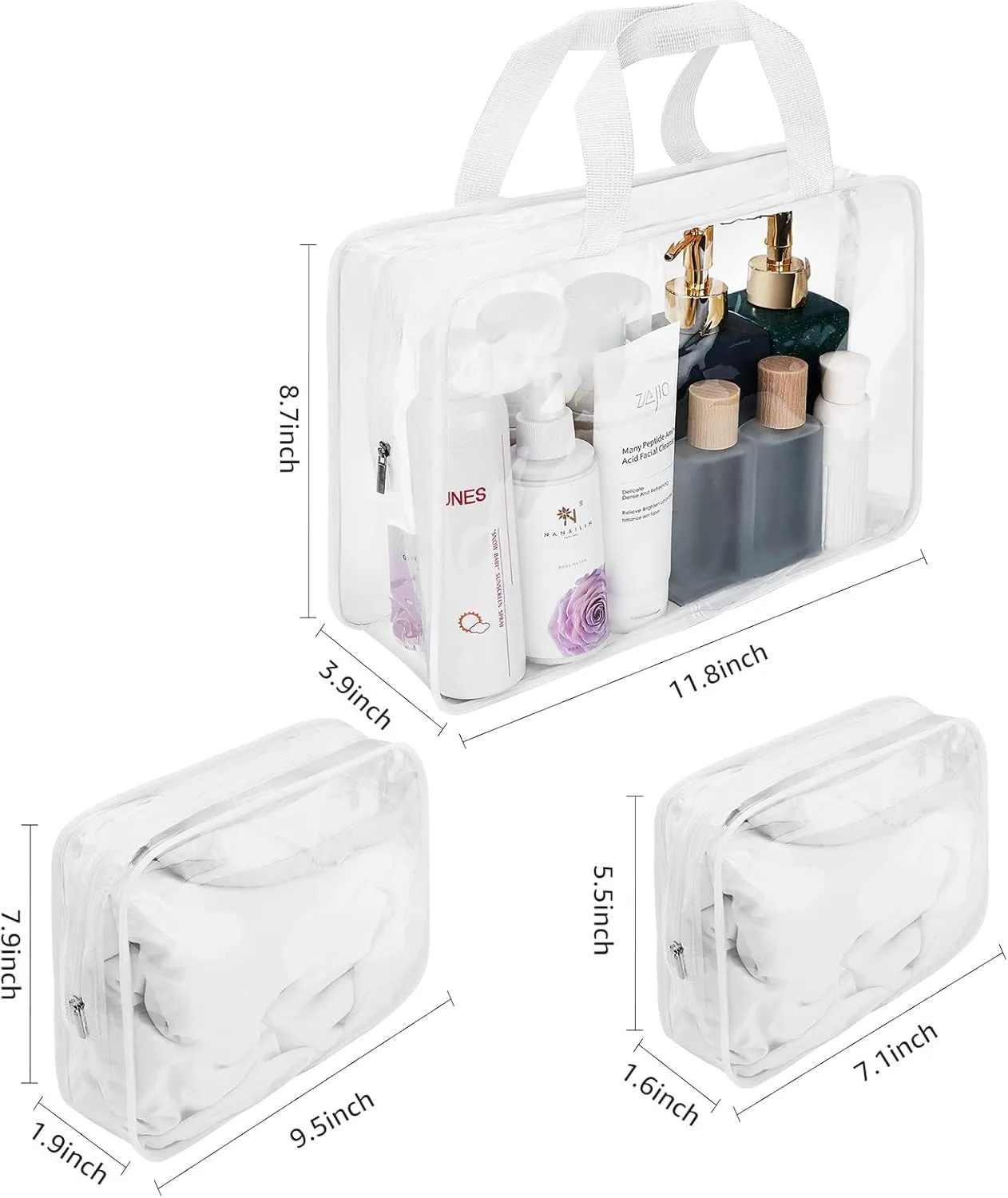 3pcs TSA Approved Clear Toiletry Bag, Crystal Clear Travel Bag PVC Cosmetic Bag, Travel Accessories Clear Makeup Bags Set Carry on Airport Airline Compliant Bag Luggage Pouch with Zipper Handle Women