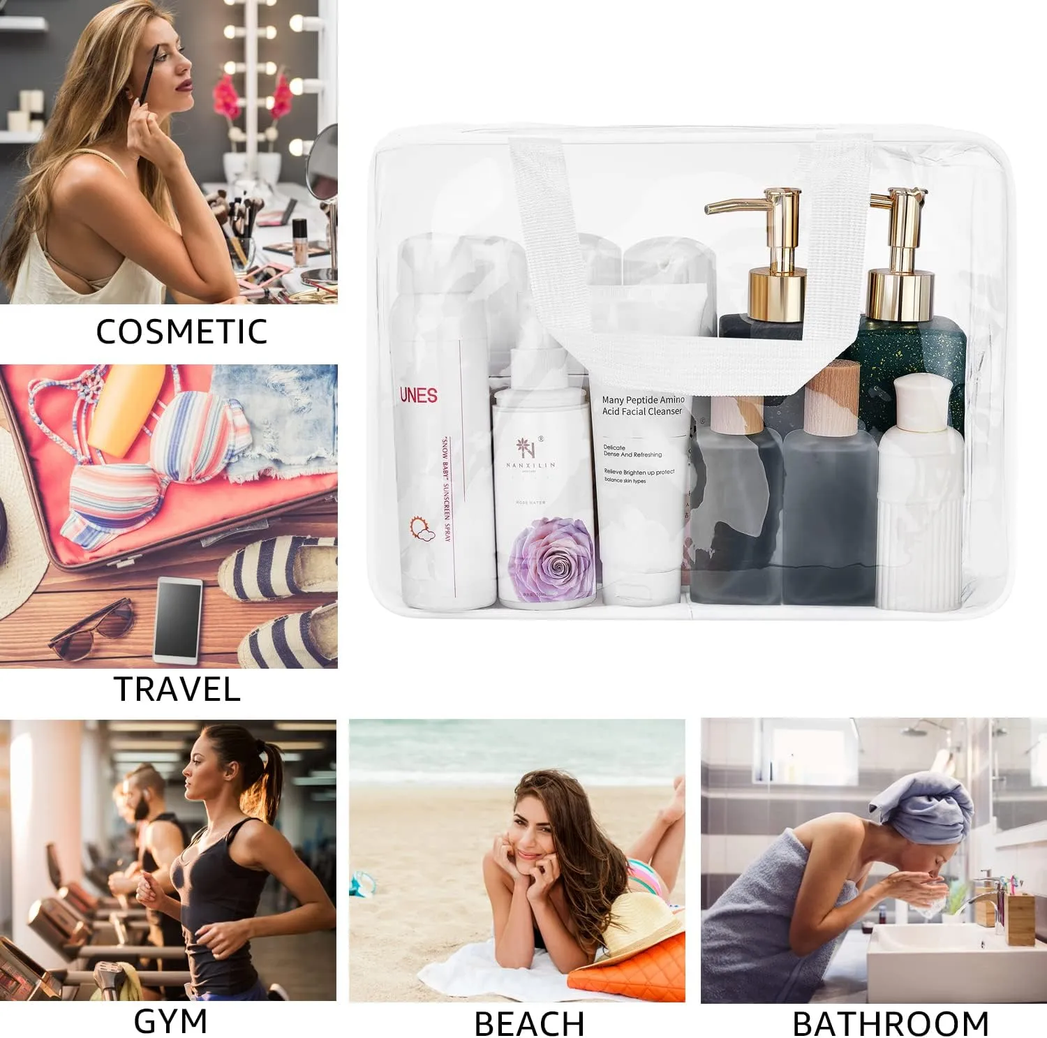 3pcs TSA Approved Clear Toiletry Bag, Crystal Clear Travel Bag PVC Cosmetic Bag, Travel Accessories Clear Makeup Bags Set Carry on Airport Airline Compliant Bag Luggage Pouch with Zipper Handle Women