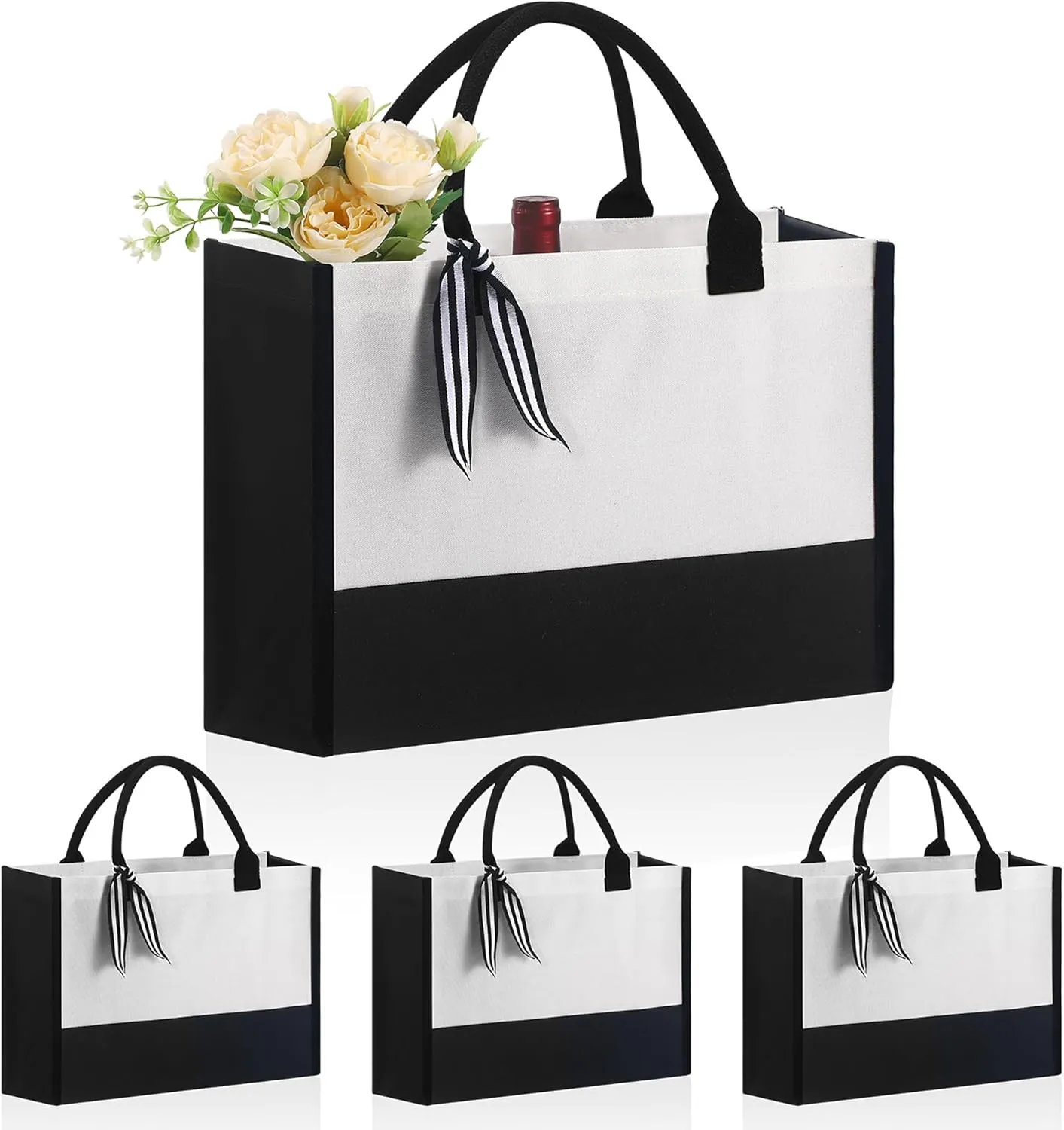 4 PCS classic black and white canvas tote bags, DIY personalized blank beach shopping bag for women, Mom, friend gift (4)