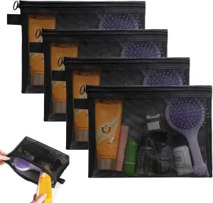 4-Piece Black Portable Makeup Bag Set - Small Cosmetic Bags with Zipper, Clear Mesh See-Through Travel Pouches for Cosmetics & Toiletries (19 X 14Cm)