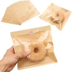 400 Pcs Heat Sealable Bakery Bags with Window 7.5 x 7.9 Inch Grease Resistant Kraft Cookie Bags Pastry Bags with Paper Stickers for Packaging Donut Bread Cookie Goods Sandwich Baked Treat (Brown)