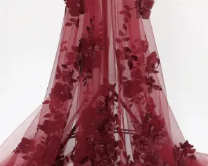 47" Wide 3D Beads Lace Fabric Gorgeous Floral Embroidery Lace Fabric,Mesh Embroidered Flowers Tulle Lace Wedding for DIY Wedding Dress Girl Gown Dress Home Decor 1 Yards (Wine Red)