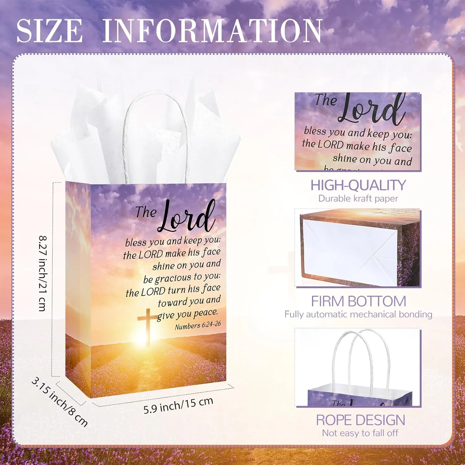 50 Set Christian Gift Bags Bulk with Tissue Mothers Day Religious Paper Bible Verse Church Gifts Bags with Handles for Baptism Church Welcome Visitors Sunday School