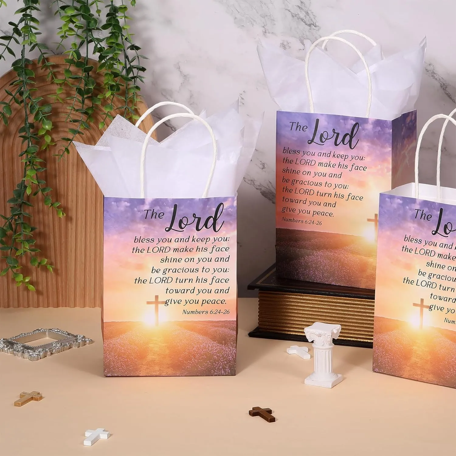 50 Set Christian Gift Bags Bulk with Tissue Mothers Day Religious Paper Bible Verse Church Gifts Bags with Handles for Baptism Church Welcome Visitors Sunday School
