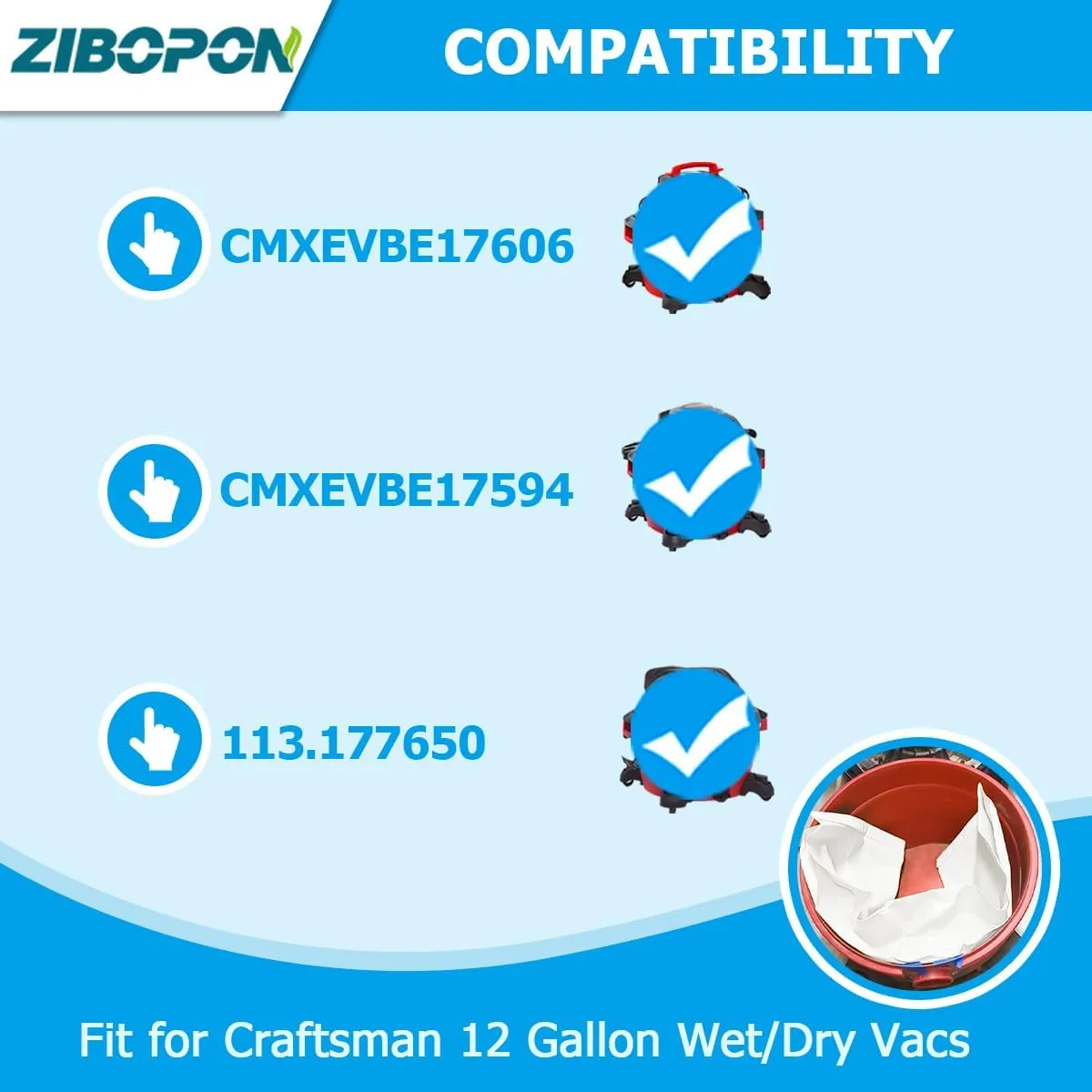 6 Pack 38735 Fine Dust Bags Compatible with Craftsman 12 Gallon Wet/Dry Shop Vacuums, Part# CMXZVBE38735