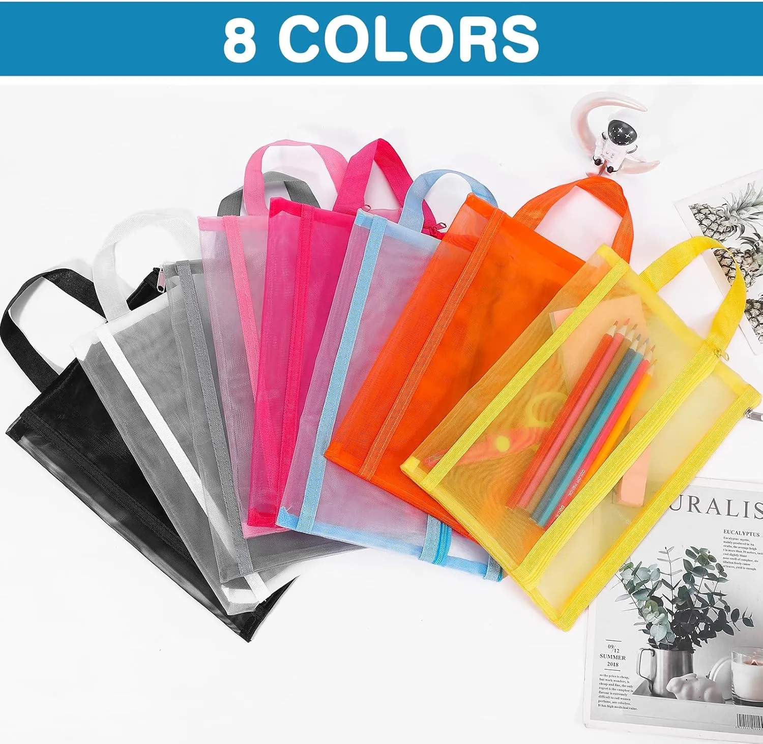 6 Pack Mesh Zipper Pouch Bags, Double Layer Nylon Pouch with Handle for Office Travel Organization (Black, A5)