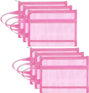 6 Pack Mesh Zipper Pouch Bags, Double Layer Nylon Pouch with Handle for Office Travel Organization (Pink, A5)