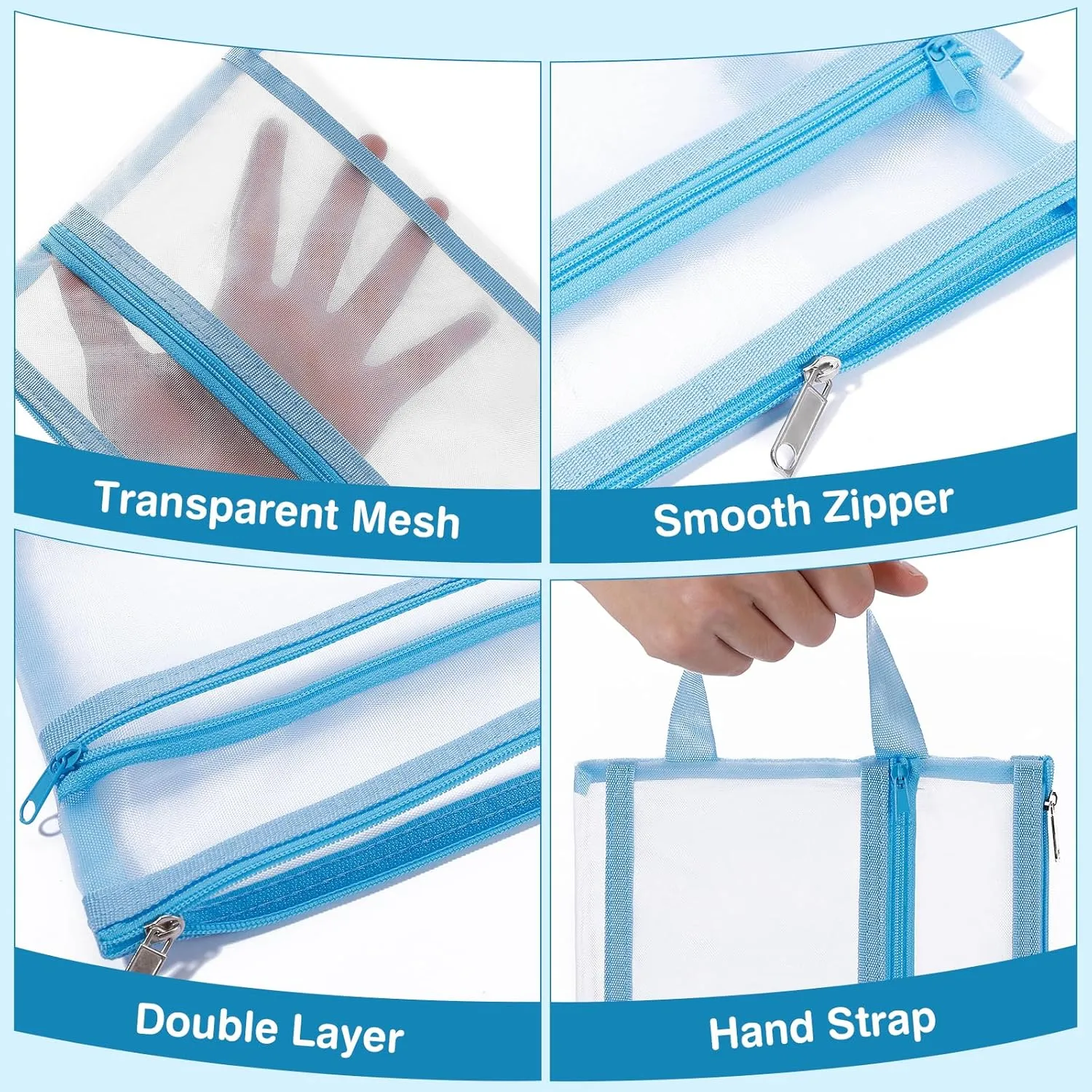 6 Pack Mesh Zipper Pouch Bags, Double Layer Nylon Pouch with Handle for Office Travel Organization (Pink, A5)