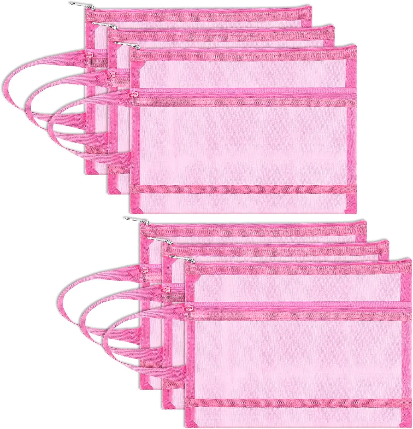 6 Pack Mesh Zipper Pouch Bags, Double Layer Nylon Pouch with Handle for Office Travel Organization (Pink, A5)