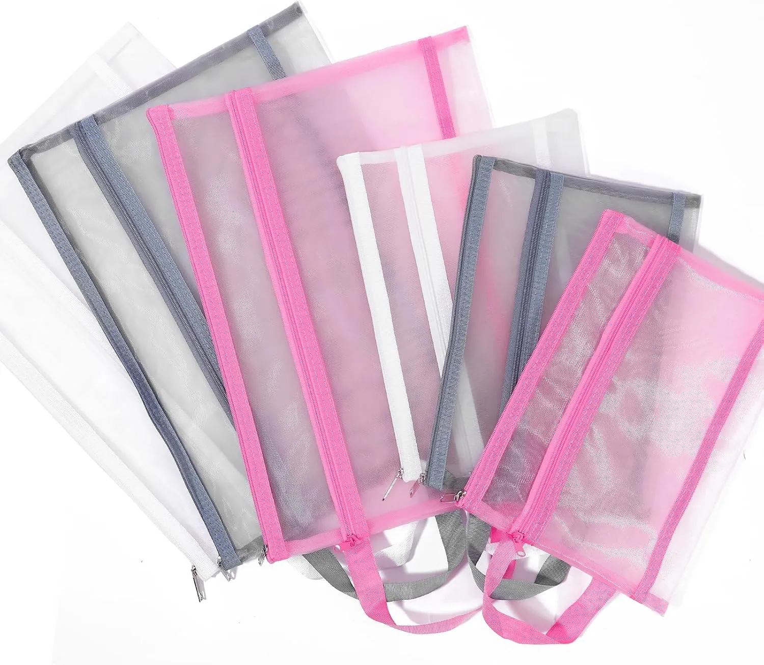 6 Pack Mesh Zipper Pouch Bags, Double Layer Nylon Pouch with Handle for Office Travel Organization (Pink, A5)
