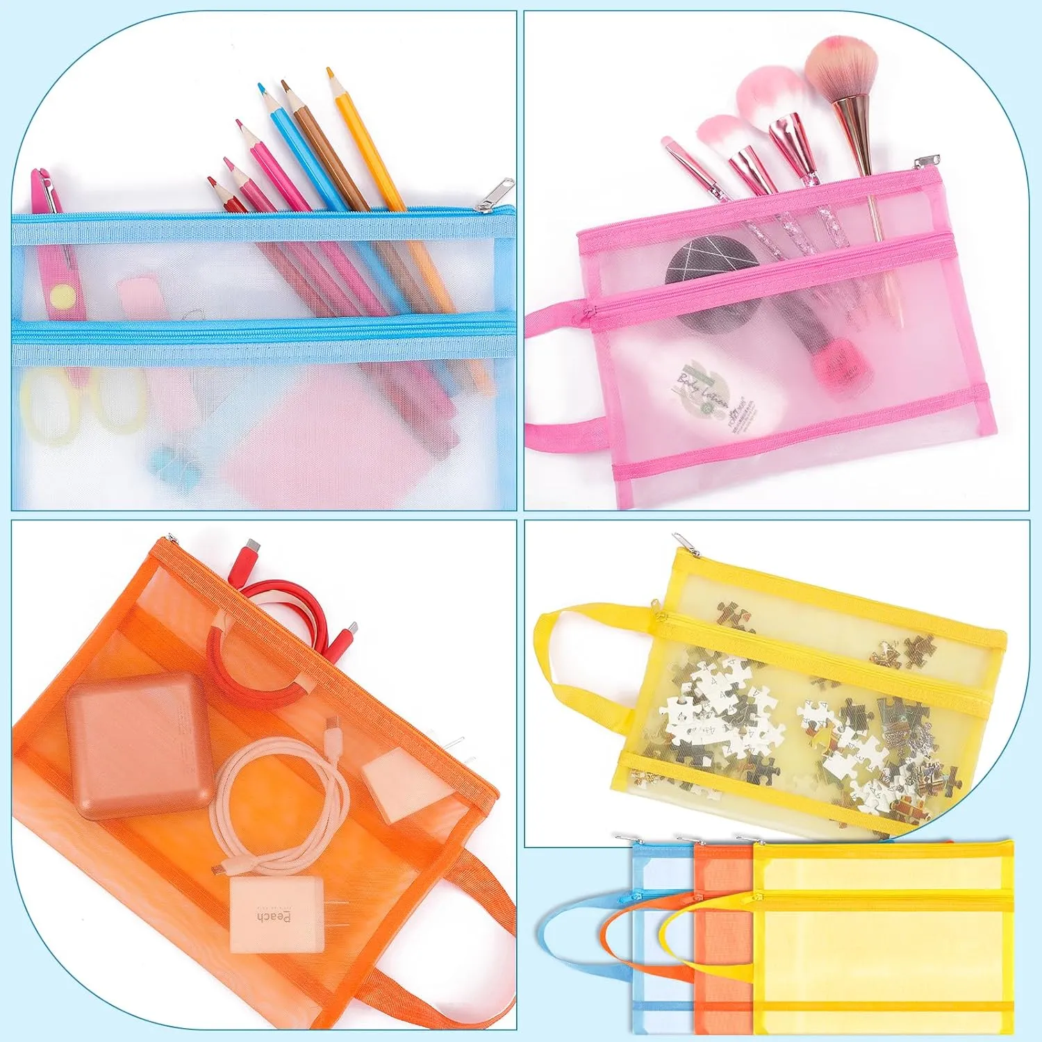 6 Pack Mesh Zipper Pouch Bags, Double Layer Nylon Pouch with Handle for Office Travel Organization (Pink, A5)