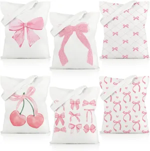 6 Pcs Coquette Pink Bow Tote Bag Preppy Aesthetic Bag for Women Reusable Shopping Grocery Gifts