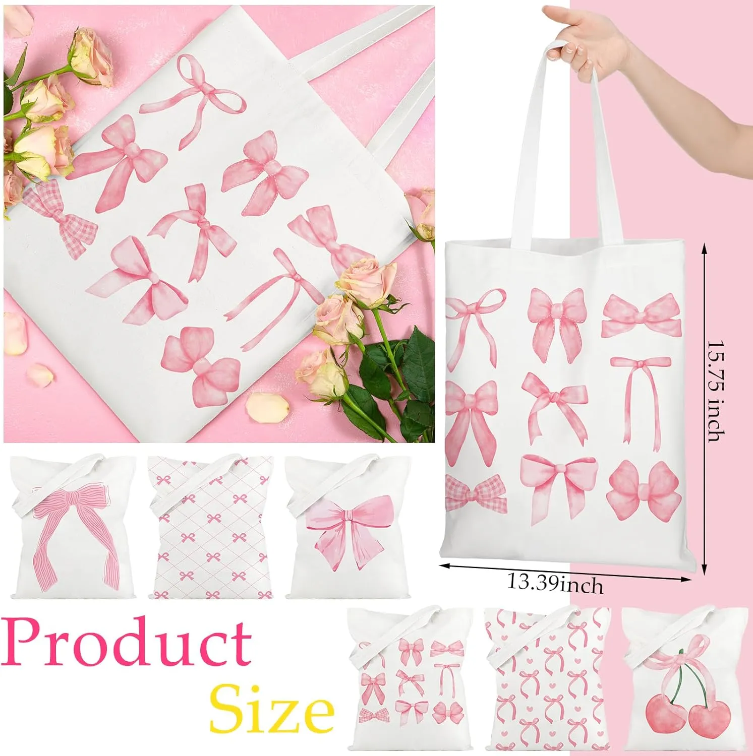 6 Pcs Coquette Pink Bow Tote Bag Preppy Aesthetic Bag for Women Reusable Shopping Grocery Gifts