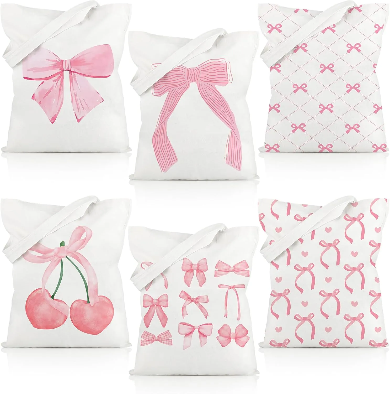 6 Pcs Coquette Pink Bow Tote Bag Preppy Aesthetic Bag for Women Reusable Shopping Grocery Gifts