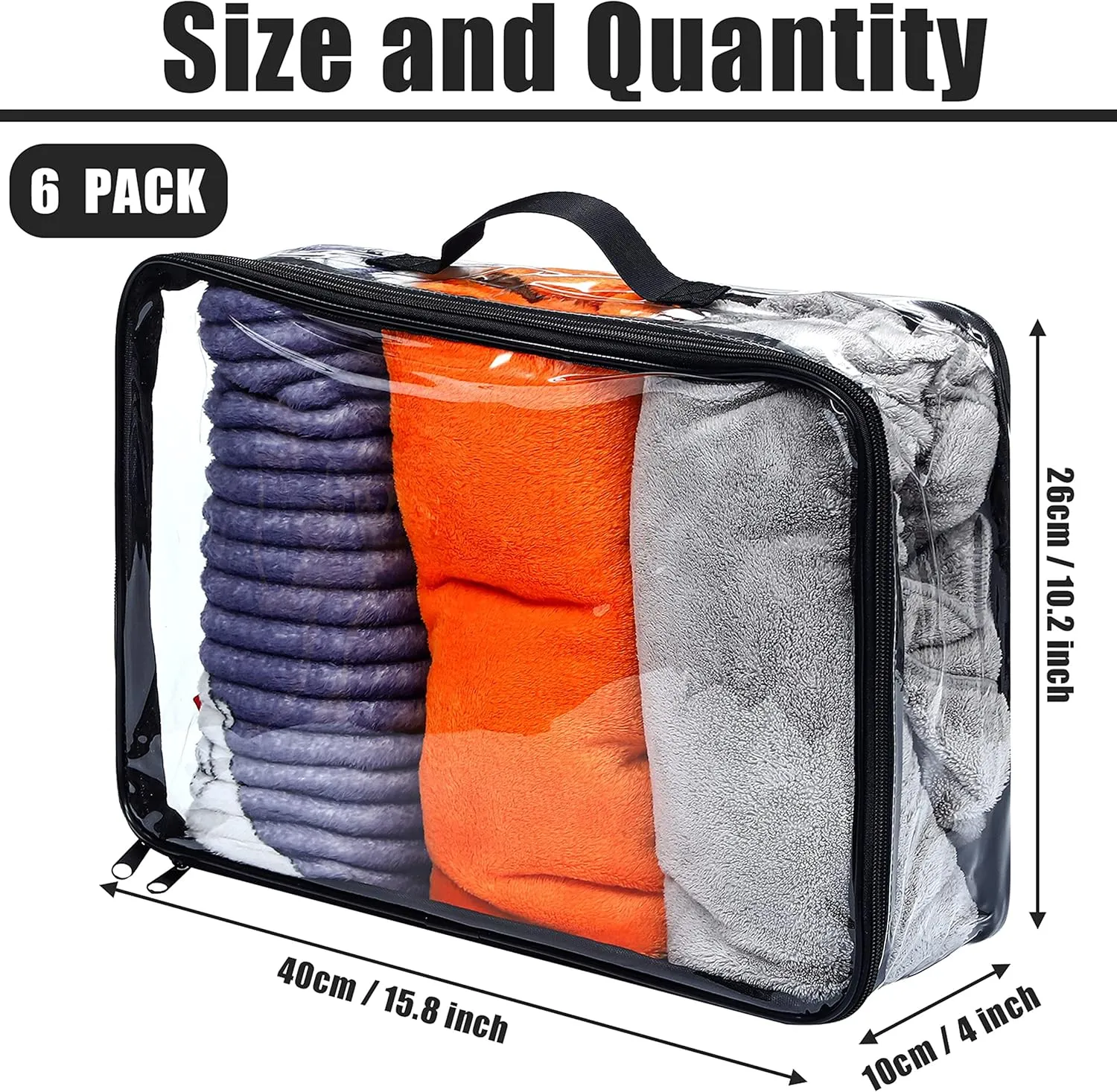 6 Pieces Large Clear Travel Packing Cube Clear Vinyl Zippered Storage Bags See Through Moving Bag PVC Multipurpose Pouch with Handle for Suitcase Shirts Dress Storage (Black, 15.8 x 10.2 x 3.9 Inch)