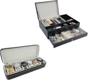 6 Slots PU Leather Watches Storage Organizer Bundle with 2 Layers PU Leather Nightstand Organizer Valet Tray for Men