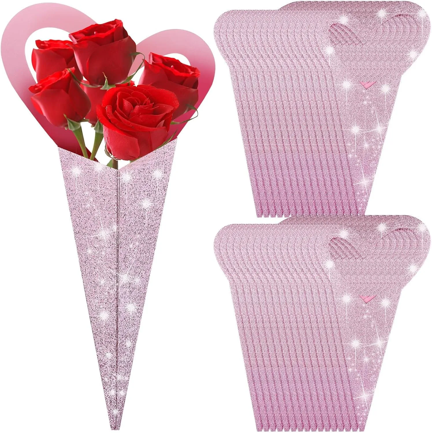 60 Pcs Mother's Day Single Flower Sleeves, Heart Boxes for Flowers 18 x 4 Inch Flower-Bouquet Wrapping Paper Love Heart Floral Bouquet Bags for Rose Anniversary Brithday Mother's Day Gift Bag