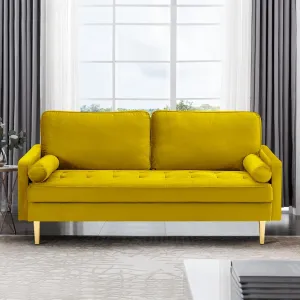 67" Modern Velvet Loveseat Sofa Couch, Mid-Century Tufted Upholstered Small Love Seat Couch with 2 Pillows & 4 Golden Legs, 2-Seats Couches for Compact Space, Living Room, Apartment (Yellow)