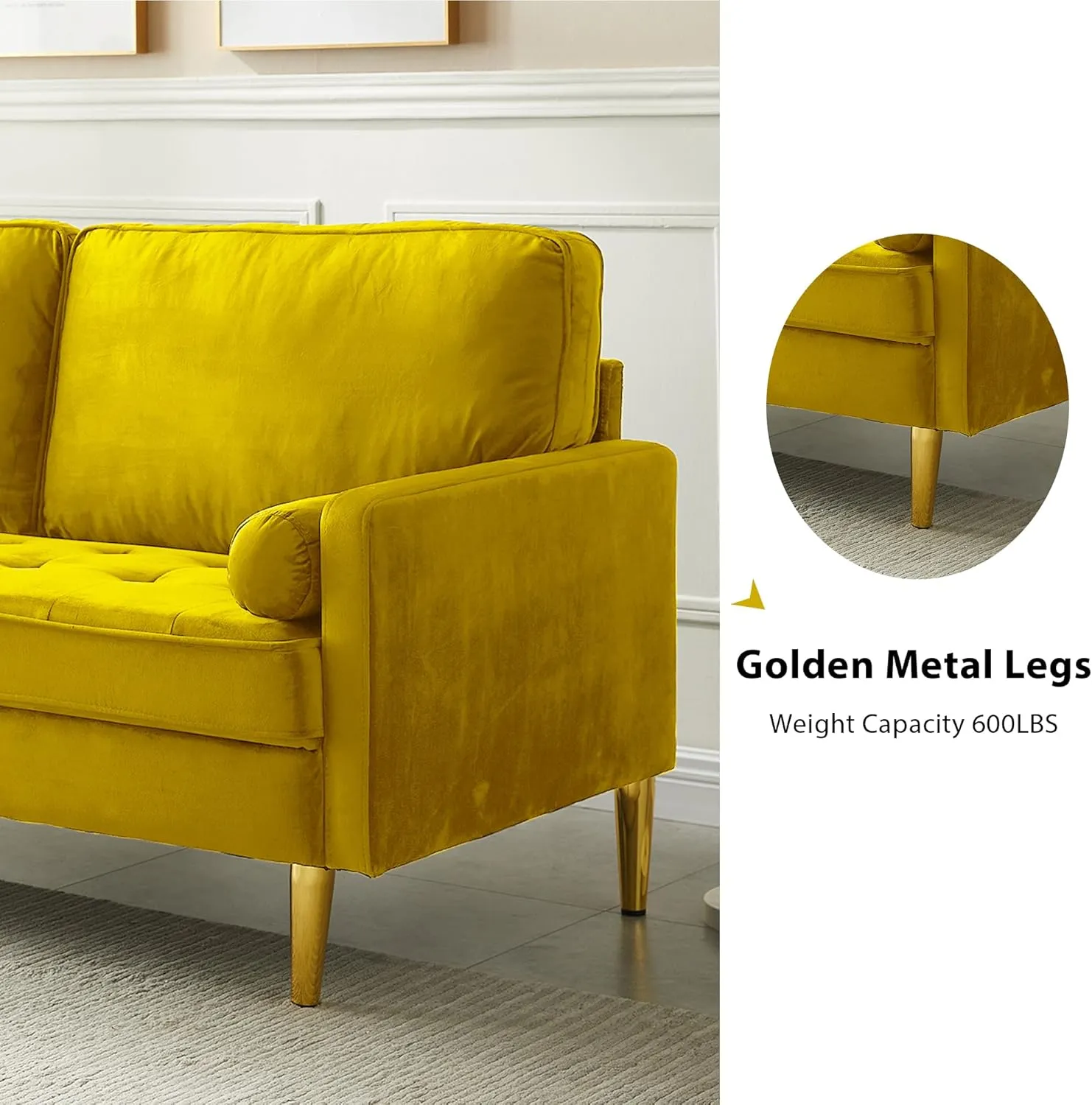 67" Modern Velvet Loveseat Sofa Couch, Mid-Century Tufted Upholstered Small Love Seat Couch with 2 Pillows & 4 Golden Legs, 2-Seats Couches for Compact Space, Living Room, Apartment (Yellow)