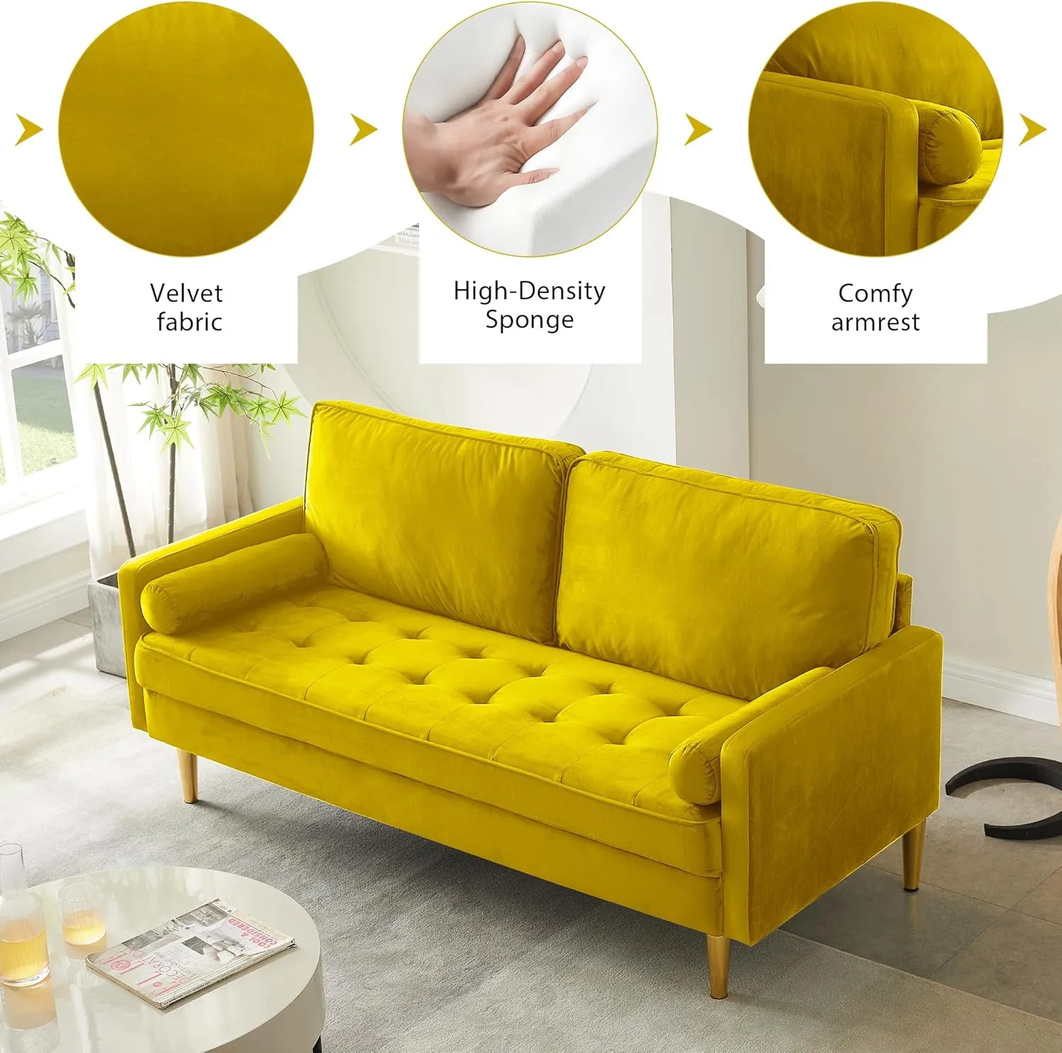 67" Modern Velvet Loveseat Sofa Couch, Mid-Century Tufted Upholstered Small Love Seat Couch with 2 Pillows & 4 Golden Legs, 2-Seats Couches for Compact Space, Living Room, Apartment (Yellow)
