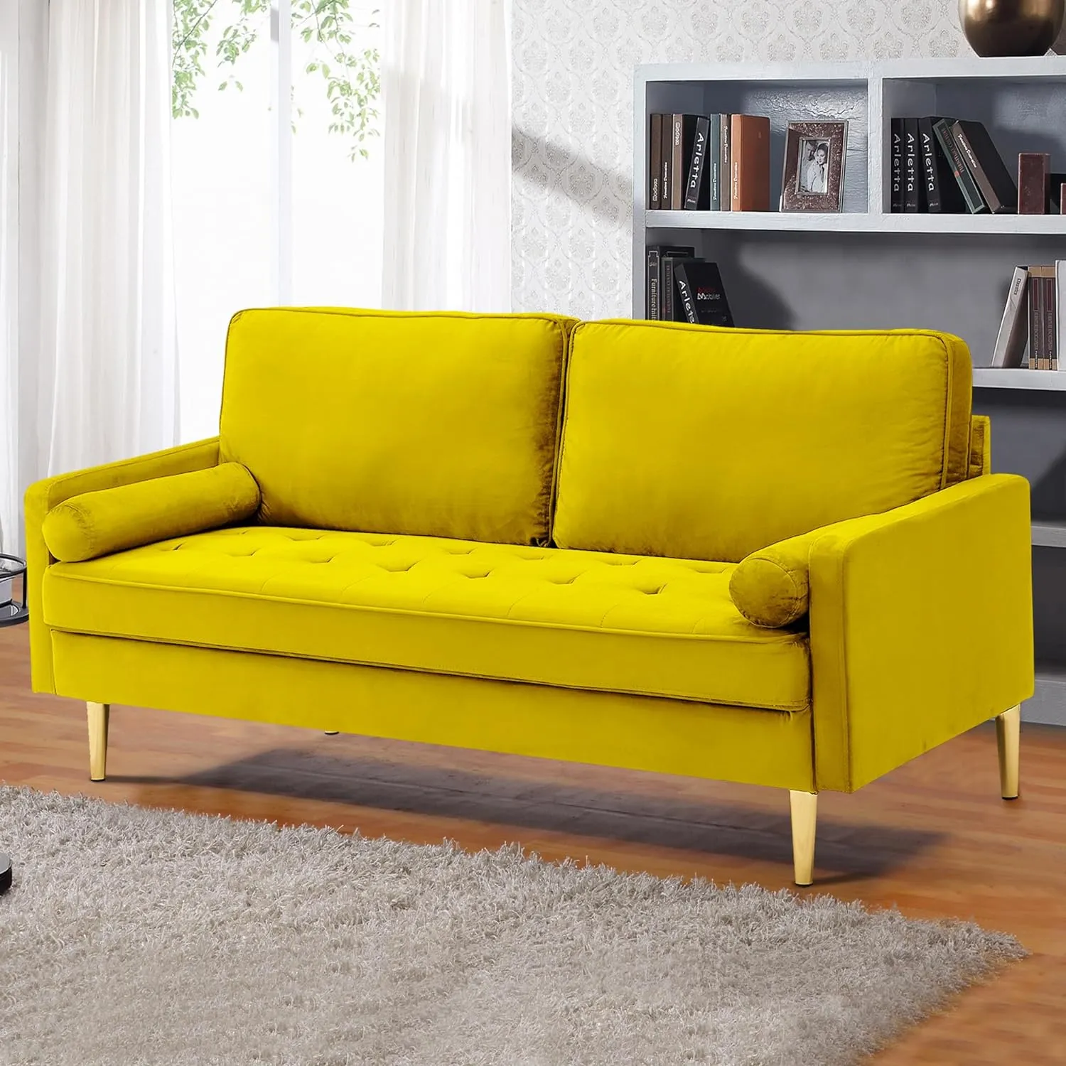 67" Modern Velvet Loveseat Sofa Couch, Mid-Century Tufted Upholstered Small Love Seat Couch with 2 Pillows & 4 Golden Legs, 2-Seats Couches for Compact Space, Living Room, Apartment (Yellow)