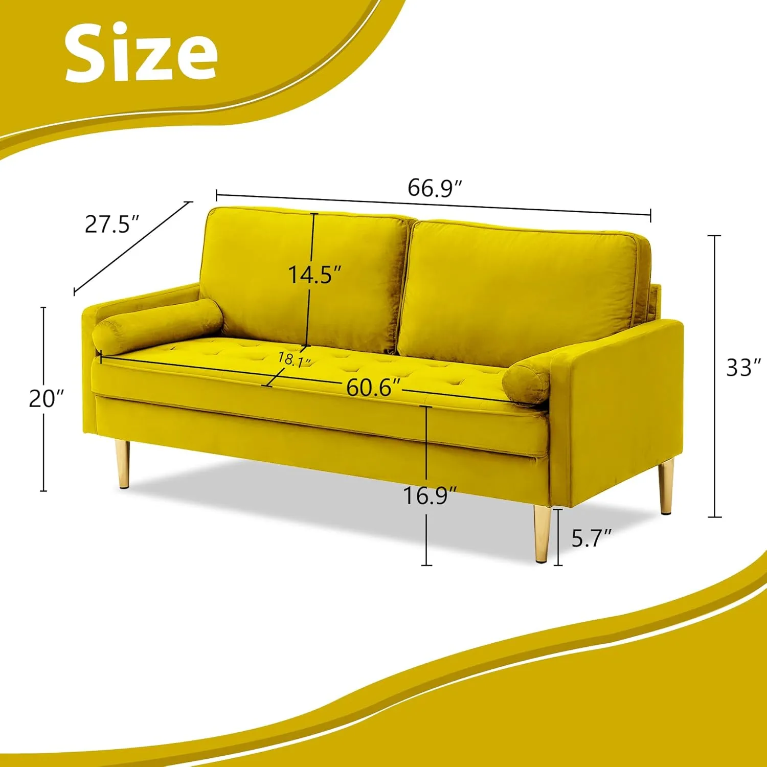 67" Modern Velvet Loveseat Sofa Couch, Mid-Century Tufted Upholstered Small Love Seat Couch with 2 Pillows & 4 Golden Legs, 2-Seats Couches for Compact Space, Living Room, Apartment (Yellow)