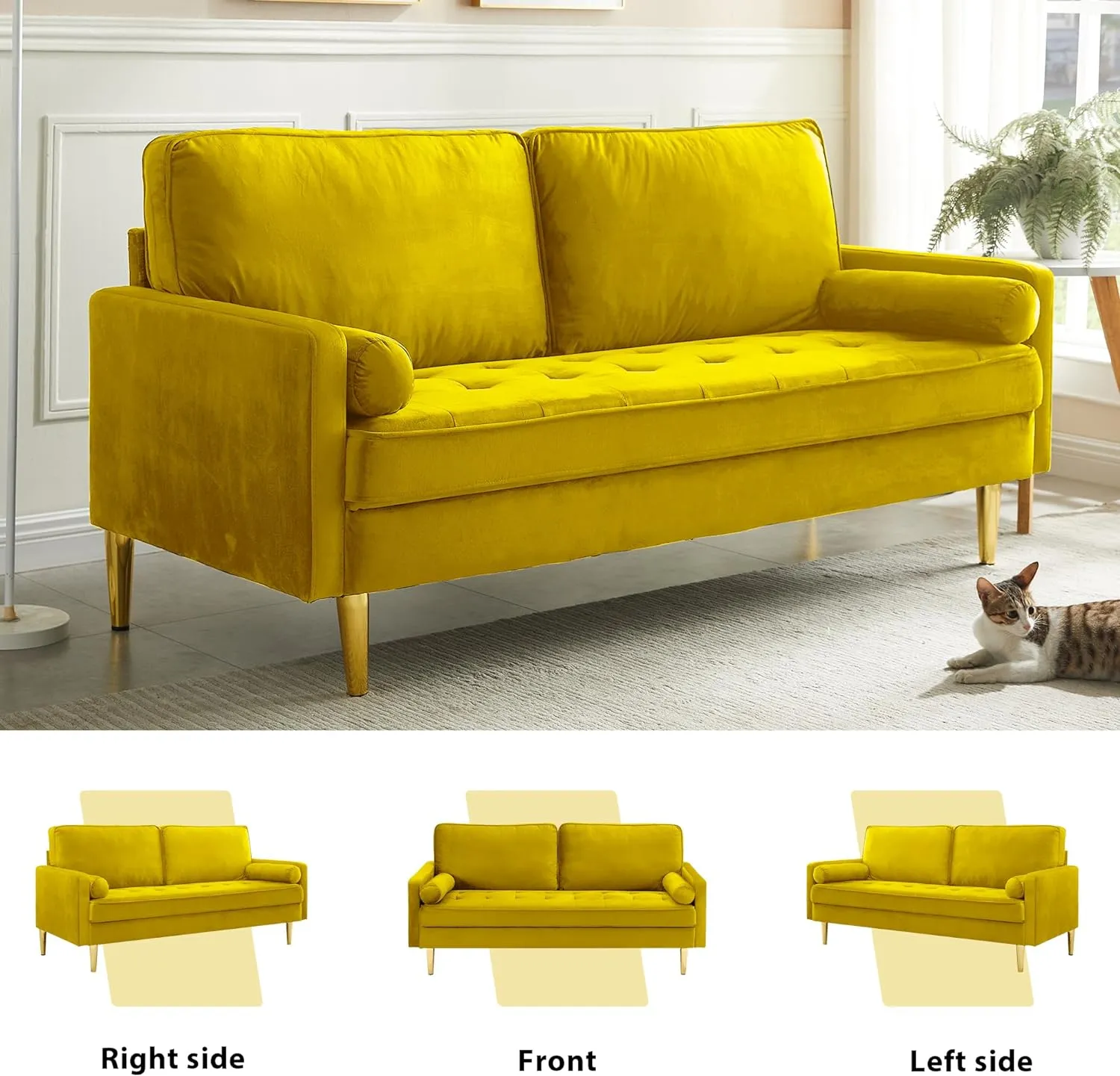 67" Modern Velvet Loveseat Sofa Couch, Mid-Century Tufted Upholstered Small Love Seat Couch with 2 Pillows & 4 Golden Legs, 2-Seats Couches for Compact Space, Living Room, Apartment (Yellow)