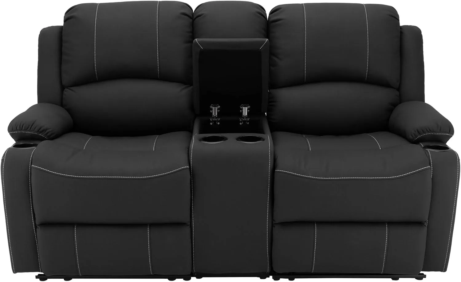 67" Wall Hugger Reclining | RV Theater Seats | Double Recliner RV Sofa & Console | RV Couch | RV Theater Seating | RV Furniture (Manual, Black with White Stitching)