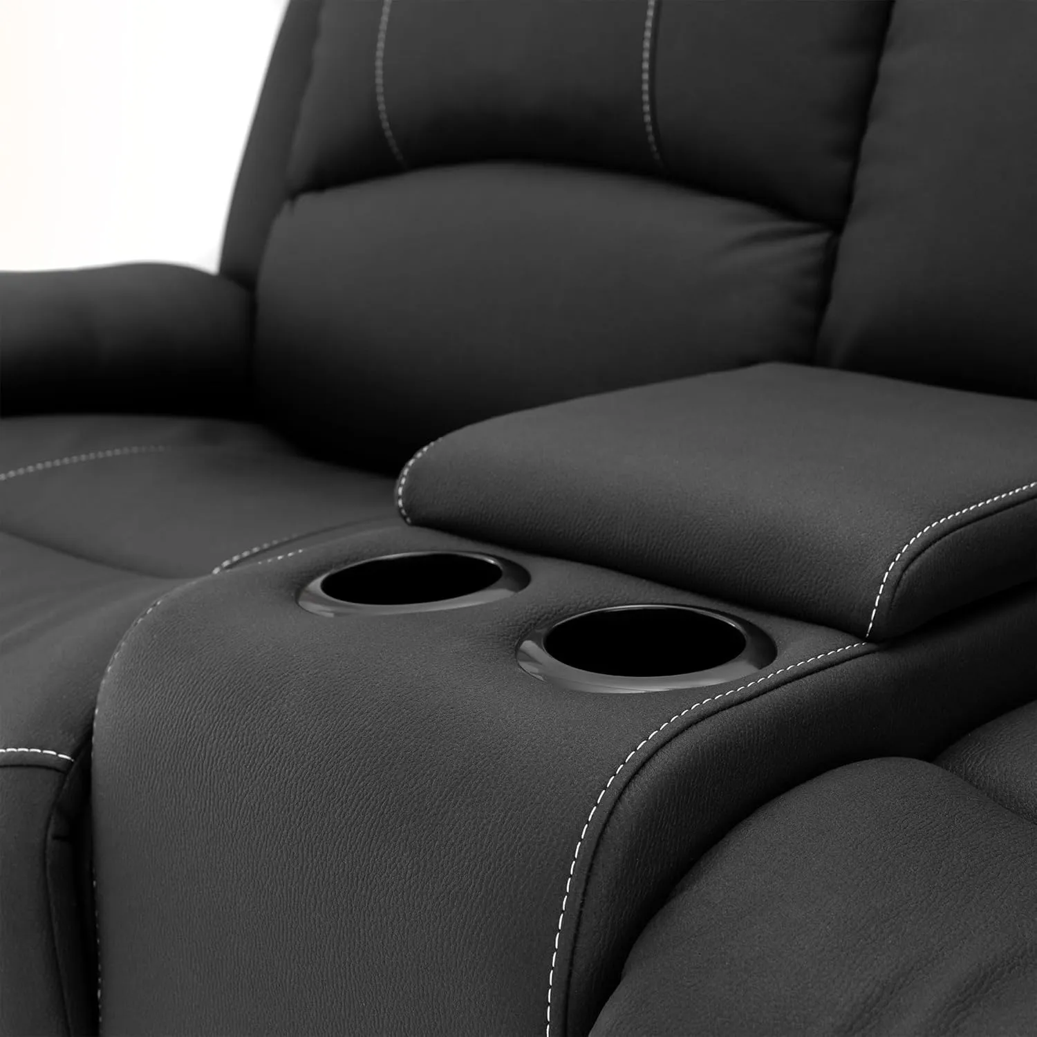 67" Wall Hugger Reclining | RV Theater Seats | Double Recliner RV Sofa & Console | RV Couch | RV Theater Seating | RV Furniture (Manual, Black with White Stitching)