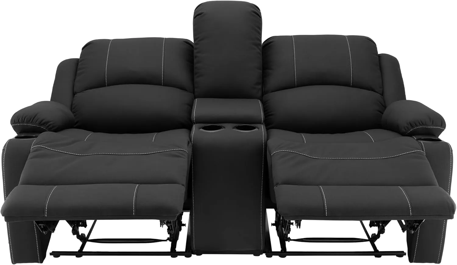 67" Wall Hugger Reclining | RV Theater Seats | Double Recliner RV Sofa & Console | RV Couch | RV Theater Seating | RV Furniture (Manual, Black with White Stitching)