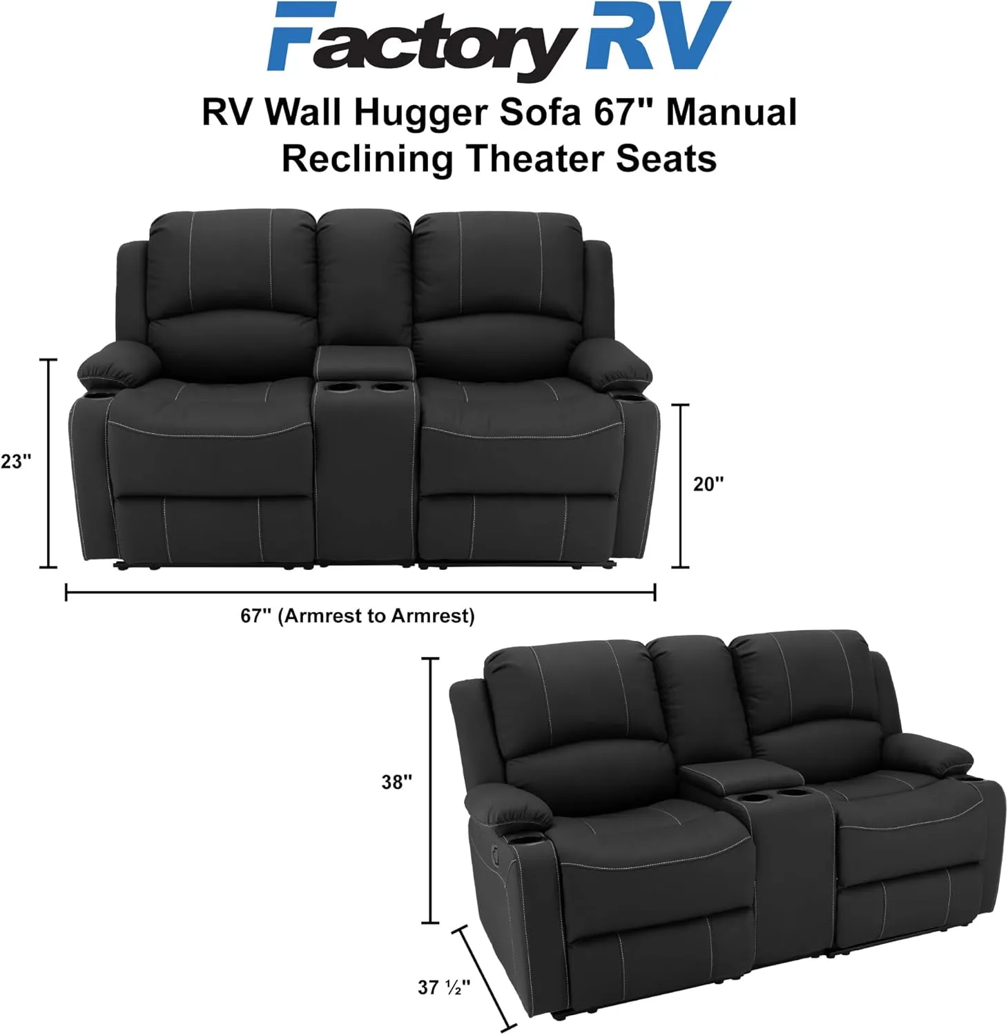 67" Wall Hugger Reclining | RV Theater Seats | Double Recliner RV Sofa & Console | RV Couch | RV Theater Seating | RV Furniture (Manual, Black with White Stitching)