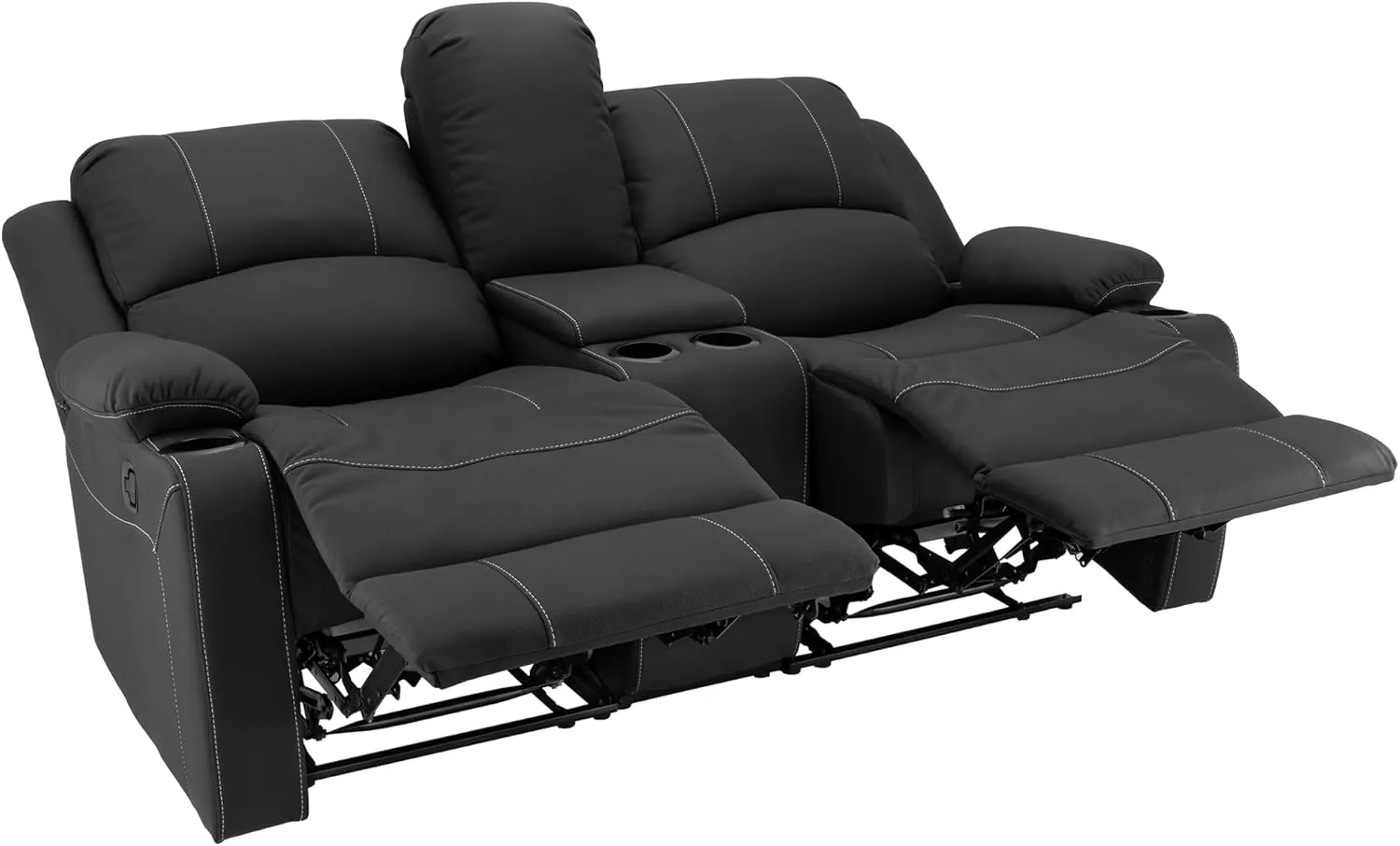 67" Wall Hugger Reclining | RV Theater Seats | Double Recliner RV Sofa & Console | RV Couch | RV Theater Seating | RV Furniture (Manual, Black with White Stitching)