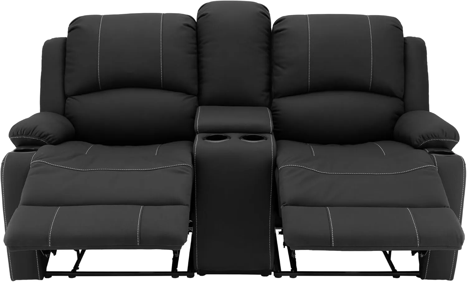 67" Wall Hugger Reclining | RV Theater Seats | Double Recliner RV Sofa & Console | RV Couch | RV Theater Seating | RV Furniture (Manual, Black with White Stitching)