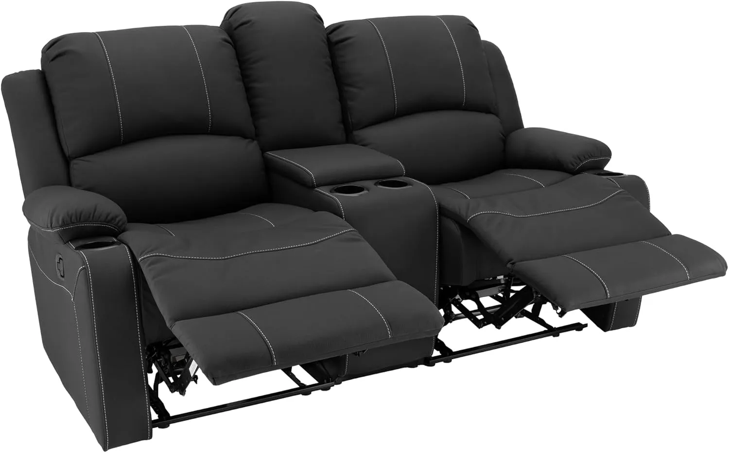 67" Wall Hugger Reclining | RV Theater Seats | Double Recliner RV Sofa & Console | RV Couch | RV Theater Seating | RV Furniture (Manual, Black with White Stitching)