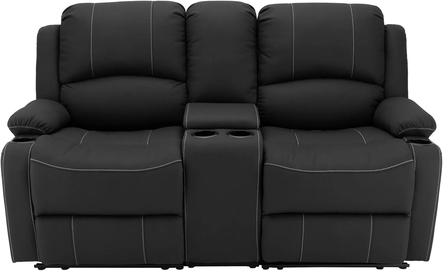67" Wall Hugger Reclining | RV Theater Seats | Double Recliner RV Sofa & Console | RV Couch | RV Theater Seating | RV Furniture (Manual, Black with White Stitching)
