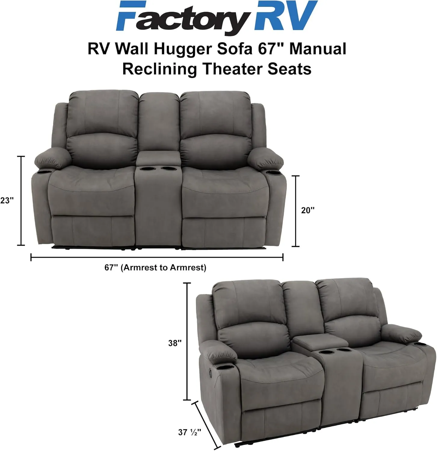 67" Wall Hugger Reclining | RV Theater Seats | Double Recliner RV Sofa & Console | RV Couch | RV Theater Seating | RV Furniture (Manual, Slate)