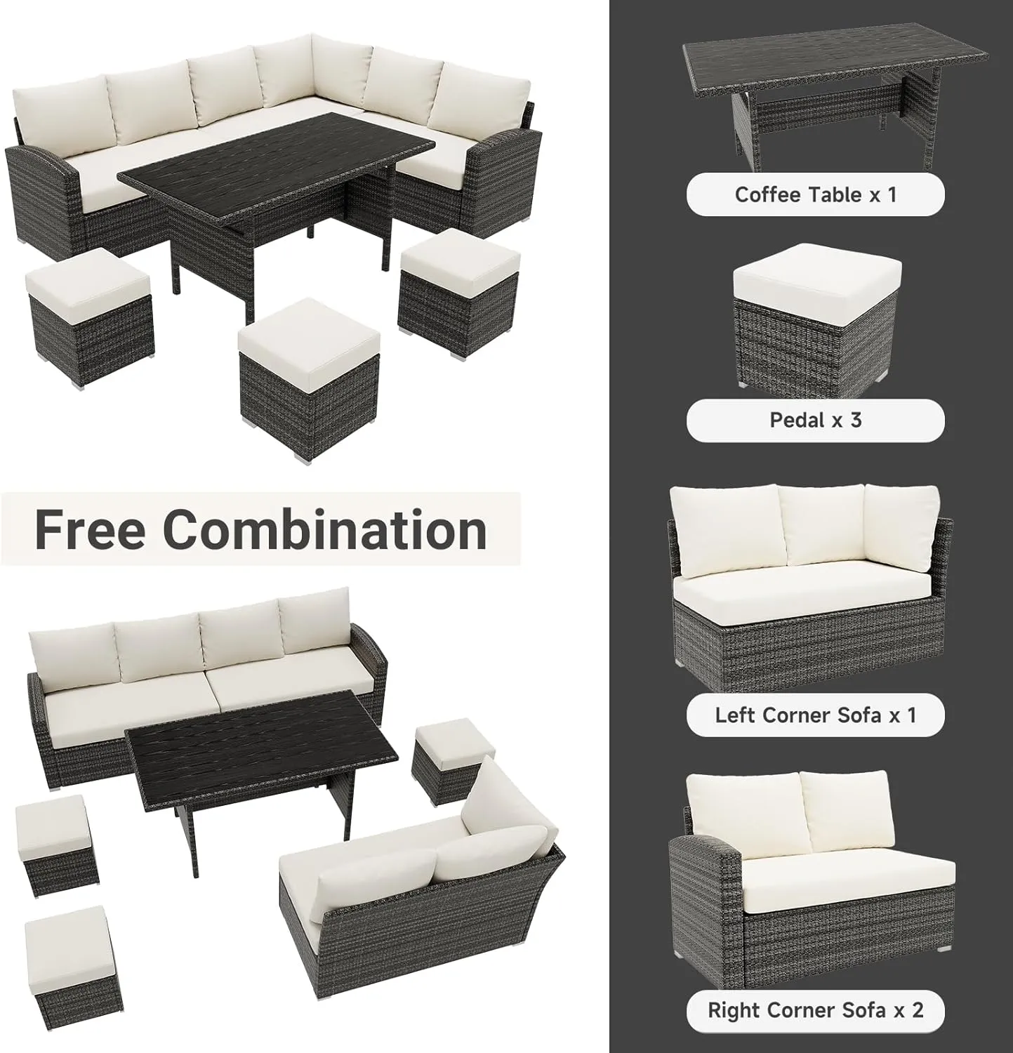 7 Piece Outdoor Patio Furniture Set with Plastic Wooden Table, Patio Rattan Conversationr Sofa Set, All Weather Sectional Rattan Sofa and Chairs, Garden, Porch, Poolside, Grey   Beige