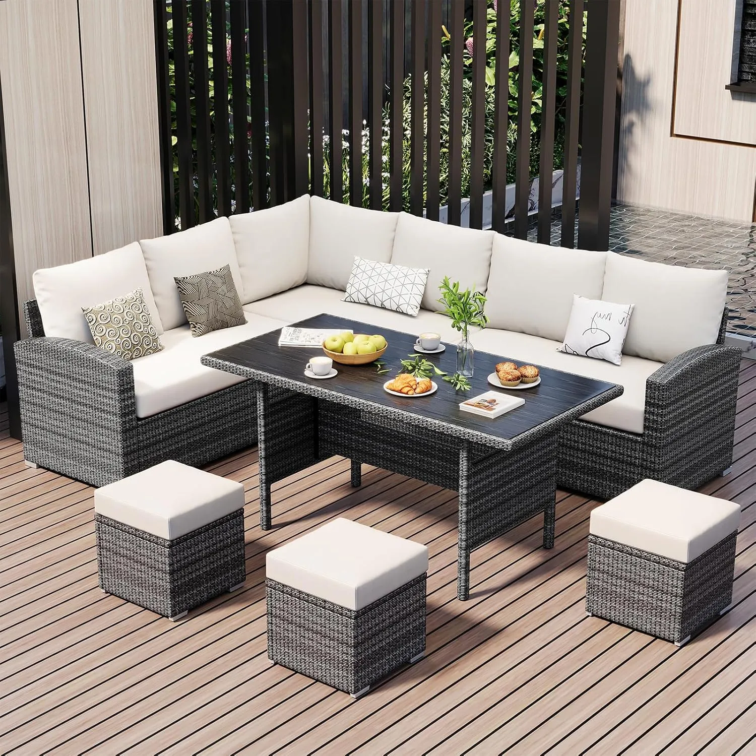 7 Piece Outdoor Patio Furniture Set with Plastic Wooden Table, Patio Rattan Conversationr Sofa Set, All Weather Sectional Rattan Sofa and Chairs, Garden, Porch, Poolside, Grey   Beige