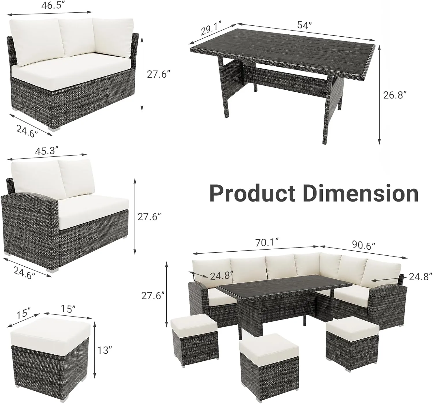 7 Piece Outdoor Patio Furniture Set with Plastic Wooden Table, Patio Rattan Conversationr Sofa Set, All Weather Sectional Rattan Sofa and Chairs, Garden, Porch, Poolside, Grey   Beige