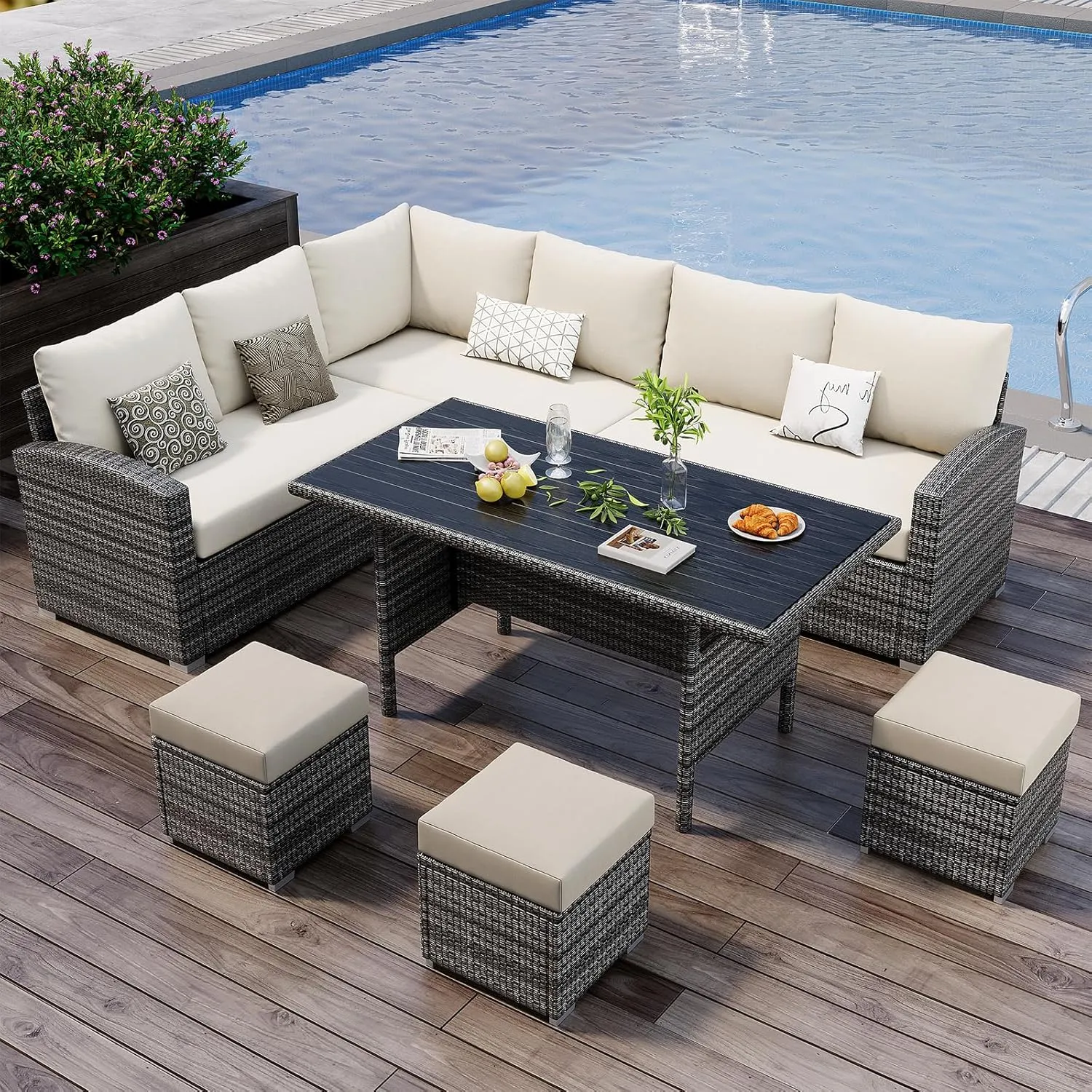 7 Piece Outdoor Patio Furniture Set with Plastic Wooden Table, Patio Rattan Conversationr Sofa Set, All Weather Sectional Rattan Sofa and Chairs, Garden, Porch, Poolside, Grey   Beige