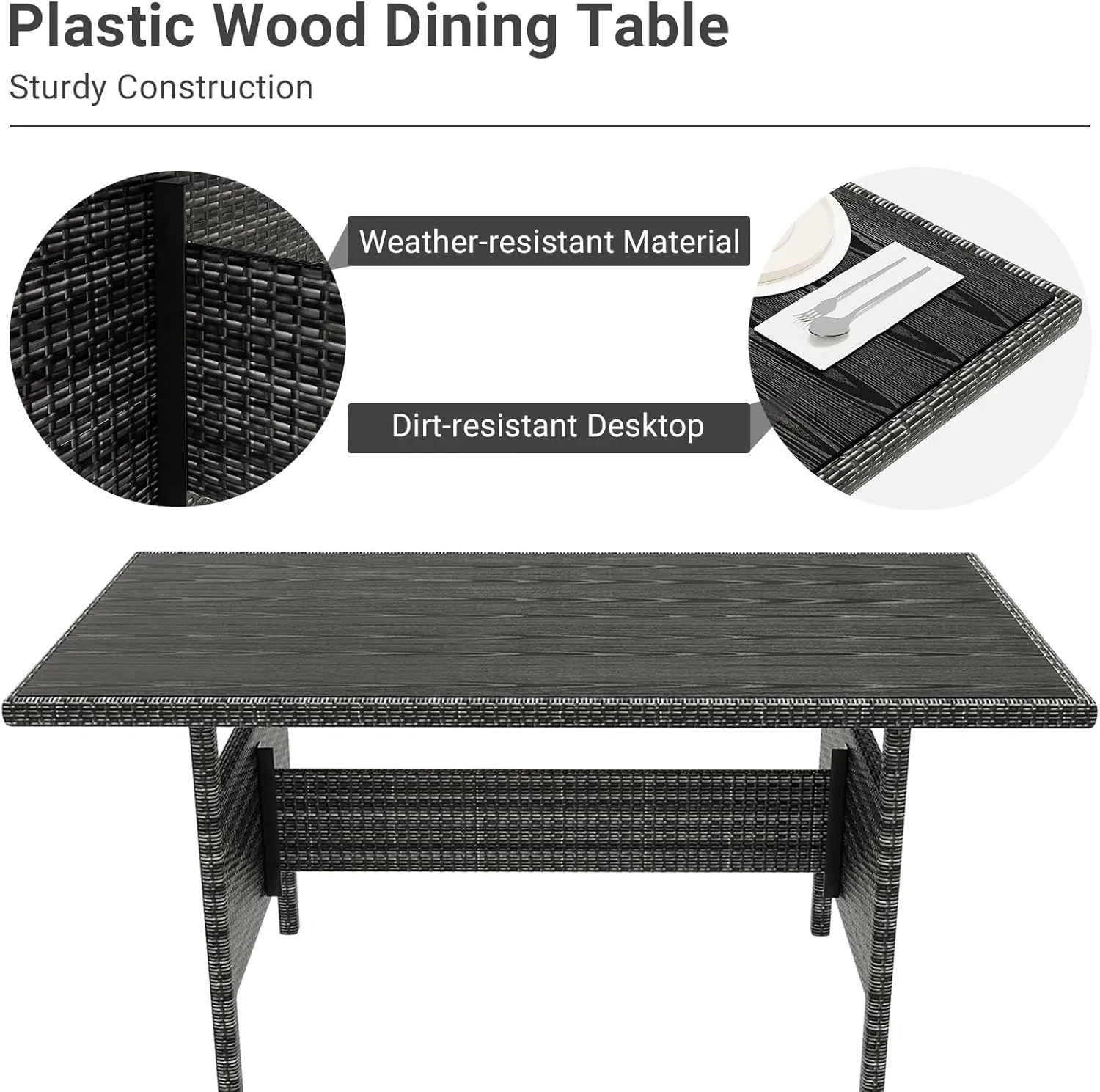 7 Piece Outdoor Patio Furniture Set with Plastic Wooden Table, Patio Rattan Conversationr Sofa Set, All Weather Sectional Rattan Sofa and Chairs, Garden, Porch, Poolside, Grey   Beige