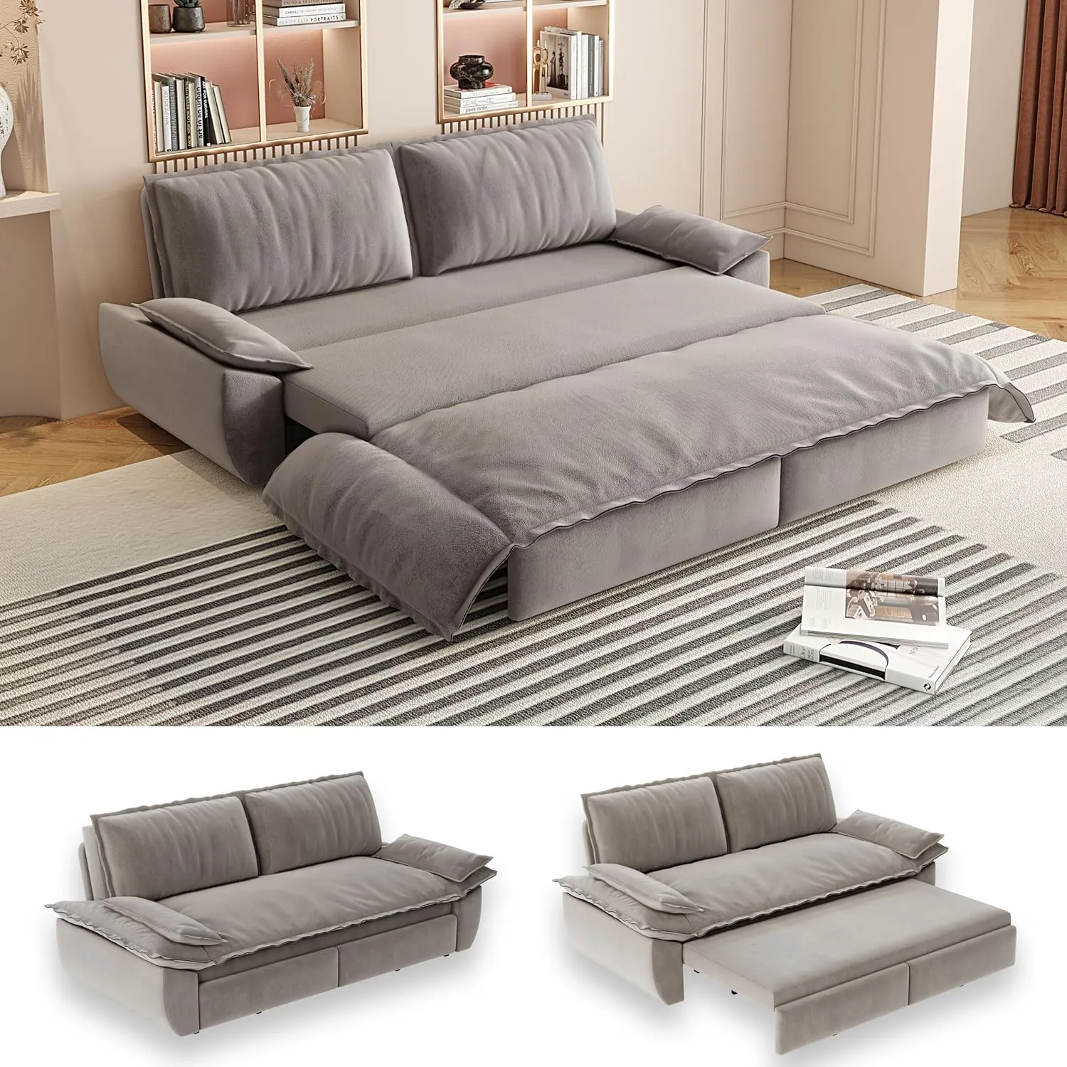 70.1" Futon Sofa Bed Queen Size, Pull Out Bed, 3-in-1 Convertible Sleeper Sofa with 2 Soft Pillows, Modern Velvet Futon Couch for Living Room, Small Space, Apartment, Bedroom, Grey