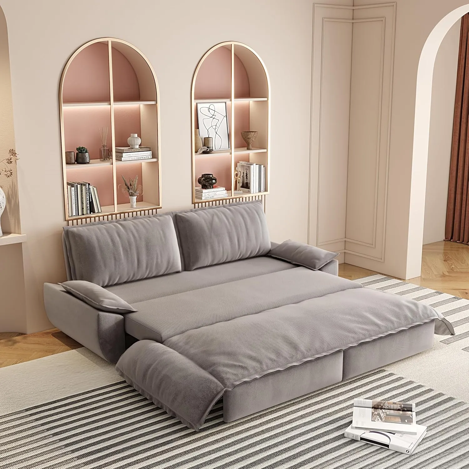 70.1" Futon Sofa Bed Queen Size, Pull Out Bed, 3-in-1 Convertible Sleeper Sofa with 2 Soft Pillows, Modern Velvet Futon Couch for Living Room, Small Space, Apartment, Bedroom, Grey