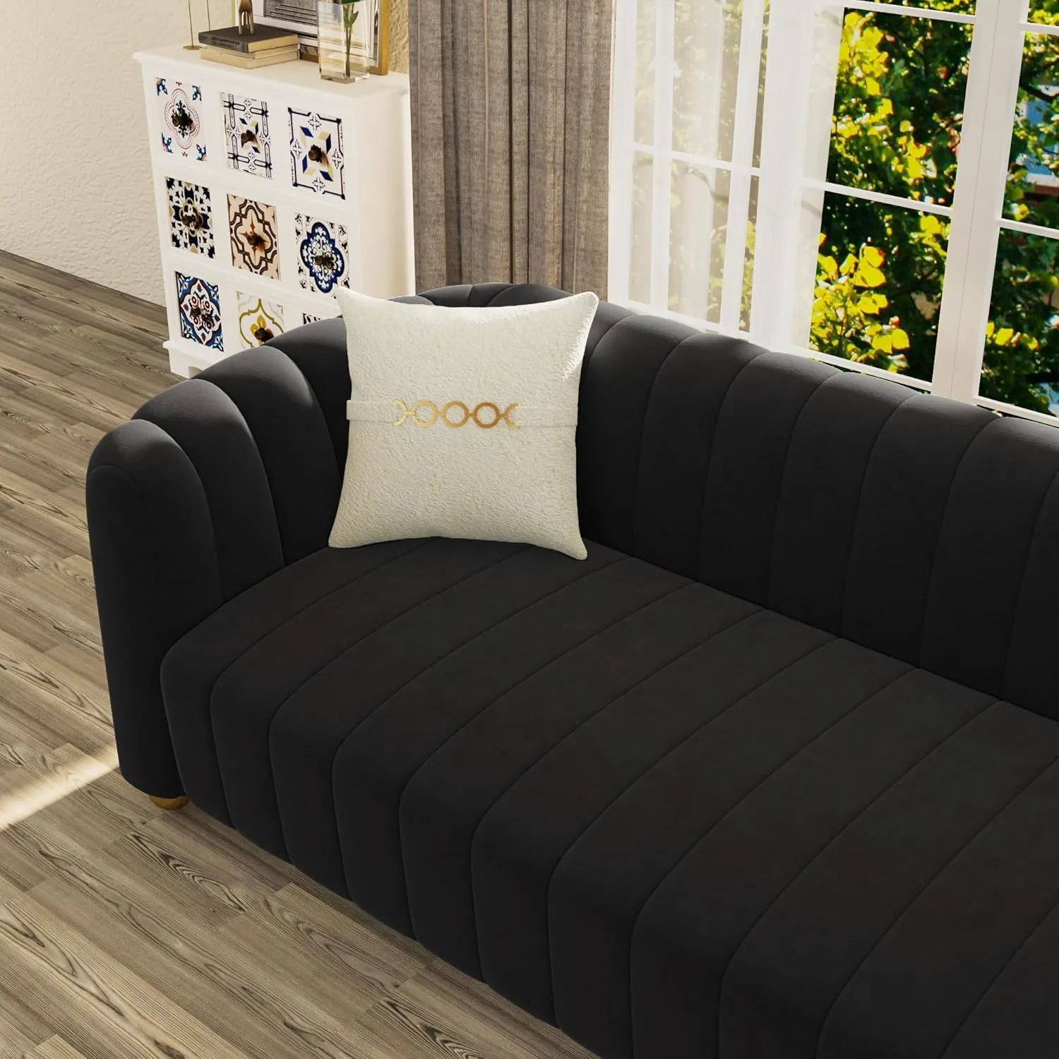 83'' Velvet Sofa Set for Living Room Modern Comfy Chesterfield Tufted Couch 3-Seater Apartment Sofa with 2 Pillows & Golden Metal Legs
