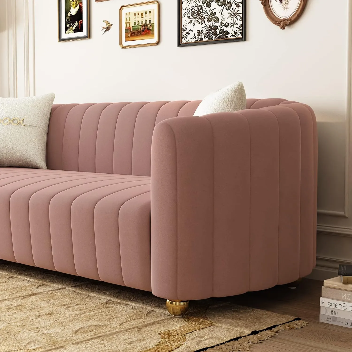 83'' Velvet Sofa Set for Living Room Modern Comfy Chesterfield Tufted Couch 3-Seater Apartment Sofa with 2 Pillows & Golden Metal Legs