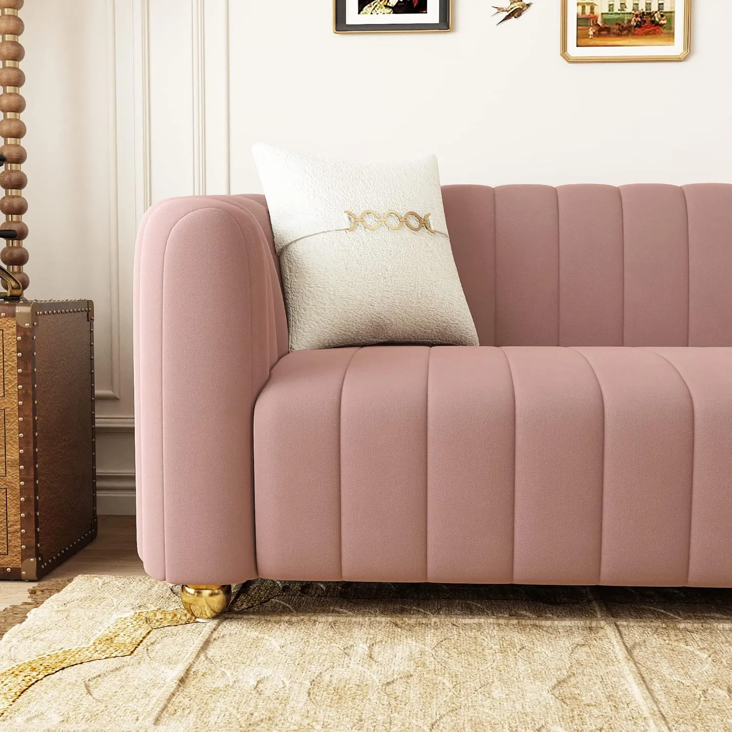 83'' Velvet Sofa Set for Living Room Modern Comfy Chesterfield Tufted Couch 3-Seater Apartment Sofa with 2 Pillows & Golden Metal Legs