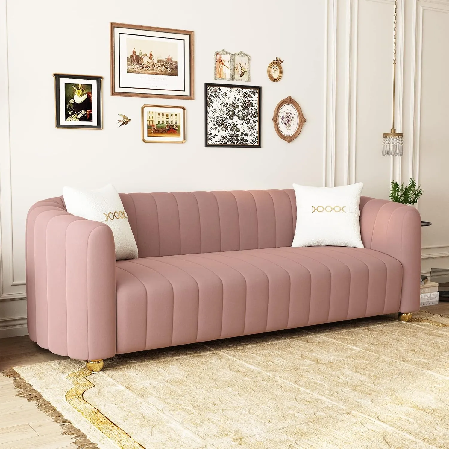 83'' Velvet Sofa Set for Living Room Modern Comfy Chesterfield Tufted Couch 3-Seater Apartment Sofa with 2 Pillows & Golden Metal Legs