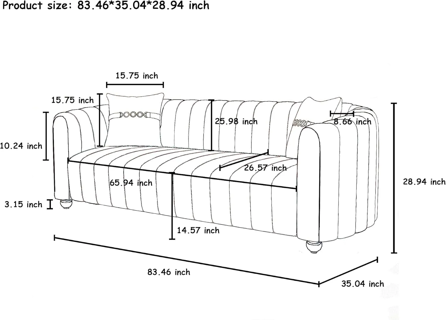 83'' Velvet Sofa Set for Living Room Modern Comfy Chesterfield Tufted Couch 3-Seater Apartment Sofa with 2 Pillows & Golden Metal Legs