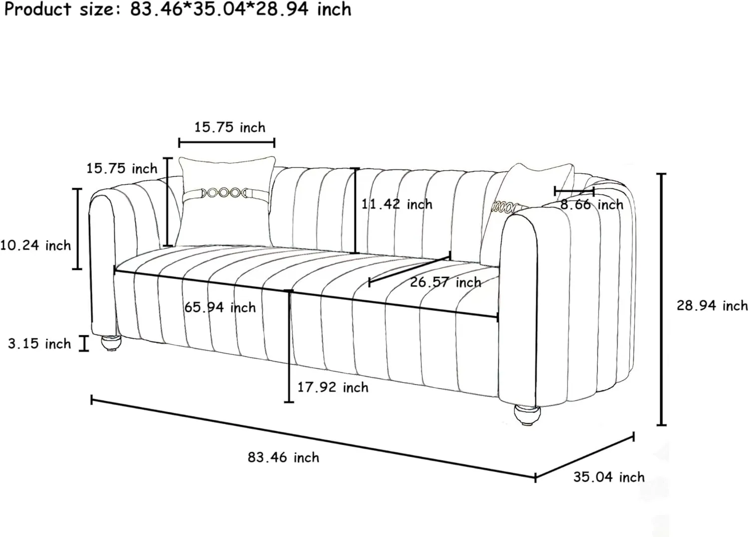 83'' Velvet Sofa Set for Living Room Modern Comfy Chesterfield Tufted Couch 3-Seater Apartment Sofa with 2 Pillows & Golden Metal Legs